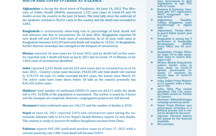 BEI Weekly News Highlights: Brief Highlights on Current Issues of South Asia, June 11, 2021-June 17, 2021