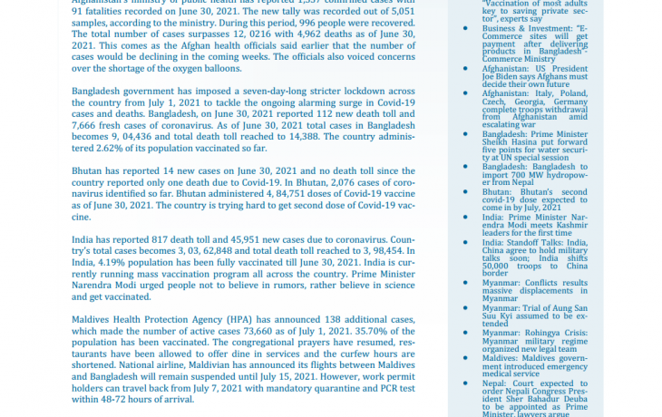 BEI Weekly News Highlights: Brief Highlights on Current Issues of South Asia, June 25, 2021-July 01, 2021