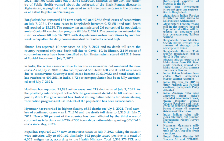 BEI Weekly News Highlights: Brief Highlights on Current Issues of South Asia, July 02, 2021-July 07, 2021