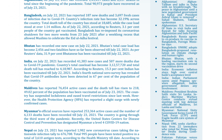 BEI Weekly News Highlights: Brief Highlights on Current Issues of South Asia, July 16, 2021-July 23, 2021