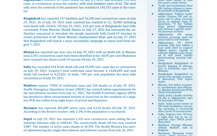BEI Weekly News Highlights: Brief Highlights on Current Issues of South Asia, July 24, 2021-July 29, 2021