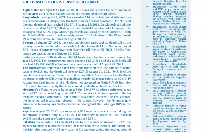 BEI Weekly News Highlights: Brief Highlights on Current Issues of South Asia, August 20, 2021-August 26, 2021