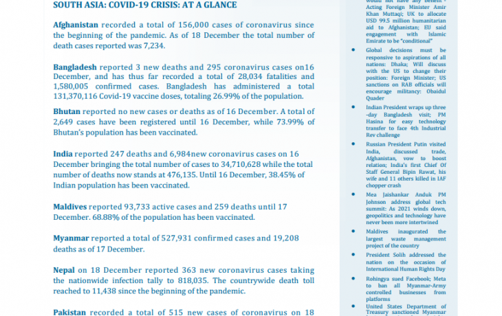 BEI Weekly News Highlights: Brief Highlights on Current Issues of South Asia, December 10, 2021-December 16, 2021