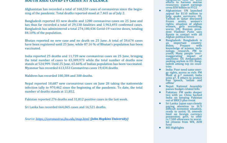 BEI Weekly News Highlights: Brief Highlights on Current Issues of South Asia, June 24, 2022-July 02, 2022