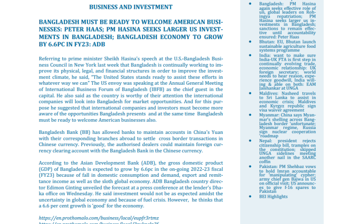 BEI Weekly News Highlights Brief Highlights on Current Issues of South Asia, September 24, 2022-September 30, 2022
