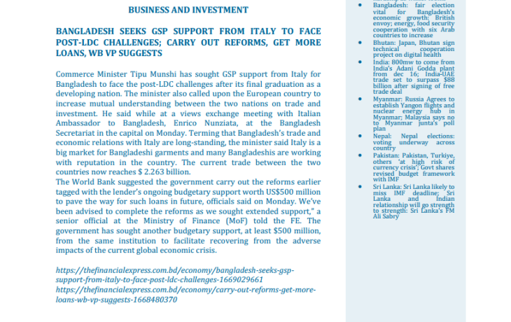 BEI Weekly News Highlights Brief Highlights on Current Issues of South Asia, November 17, 2022-November 23, 2022