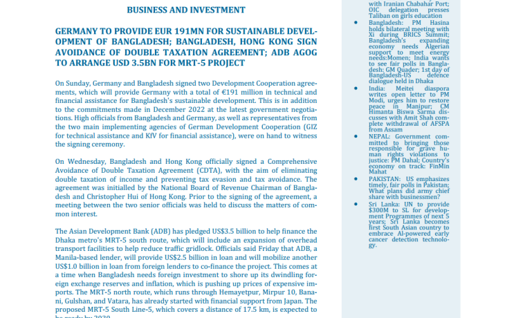 BEI Weekly News Highlights Brief Highlights on Current Issues of South Asia, August 27, 2023-September 05, 2023