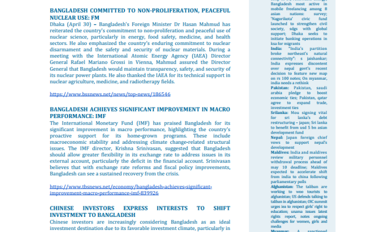 BEI Weekly News Highlights Brief Highlights on Current Issues of South Asia, April 19-May 06, 2024
