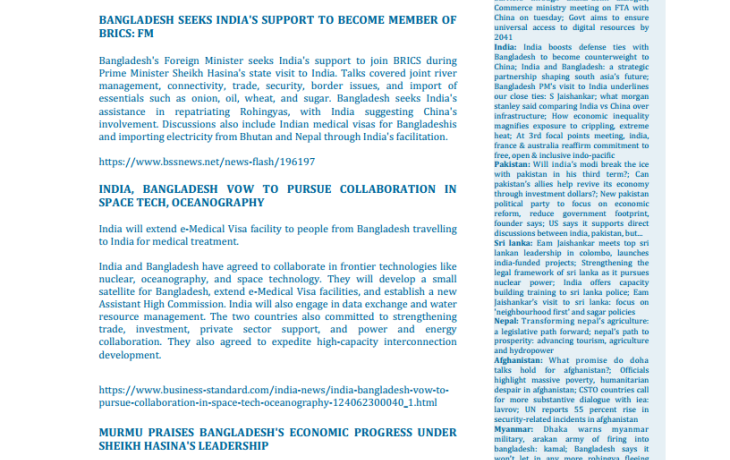 BEI Weekly News Highlights Brief Highlights on Current Issues of South Asia, 14-24 June, 2024