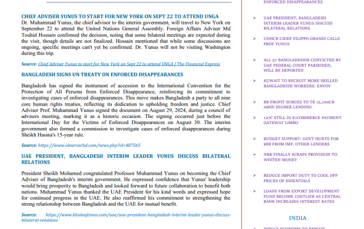 BEI Weekly News Highlights: Brief Overview of Current Issues in South Asia, August 20, 2024 – September 11, 2024