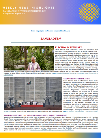 BEI Weekly News Highlights - Brief Highlights on Current Issues in South Asia, 1-13 Aug 2025