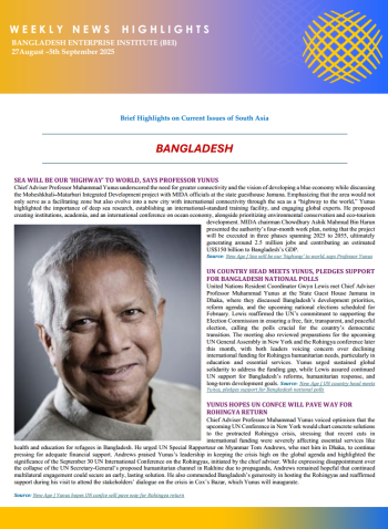 BEI Weekly News Highlights : Brief Highlights on Current Issues in South Asia, 27 August-5 September 2025