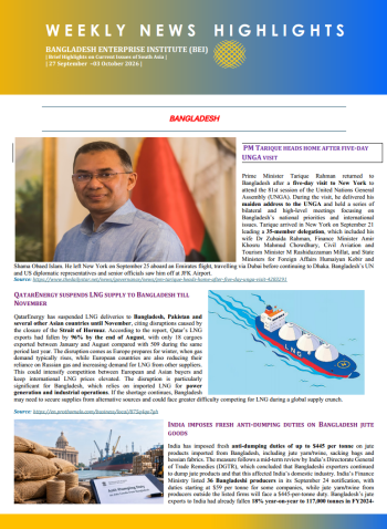 BEI Weekly News Highlights - Brief Highlights on Current Issues in South Asia, 27 September - 3 October 2026